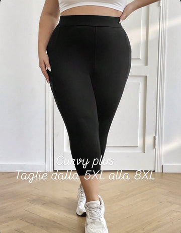 Leggings a 3/4 di taglia comoda da donna, neri, con elastico, aderenti, in materiale anallergico (con tasca per il telefono)